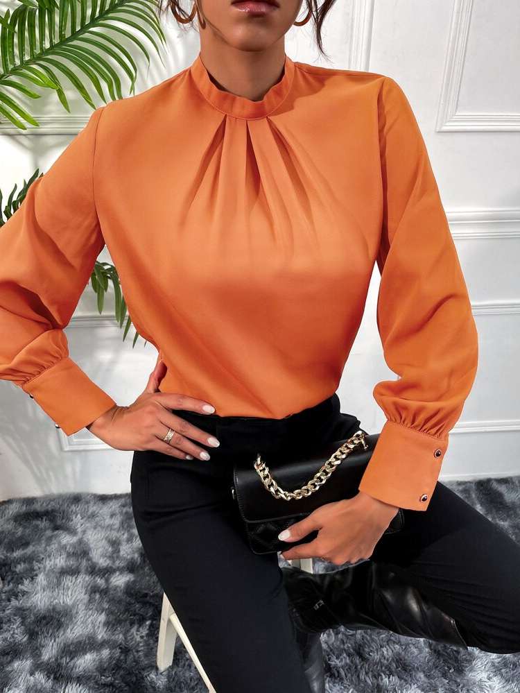 Plain Plicated Long Sleeve Orange Women Blouses 2906