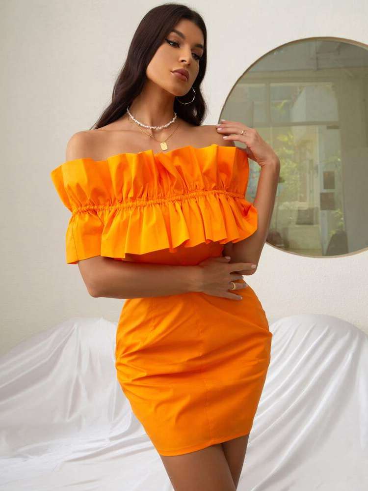 Off the Shoulder Orange Slim Fit Women Clothing 4544