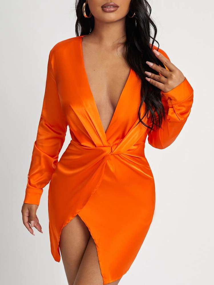 Long Sleeve Deep V Neck Orange Regular Fit Women Clothing 761