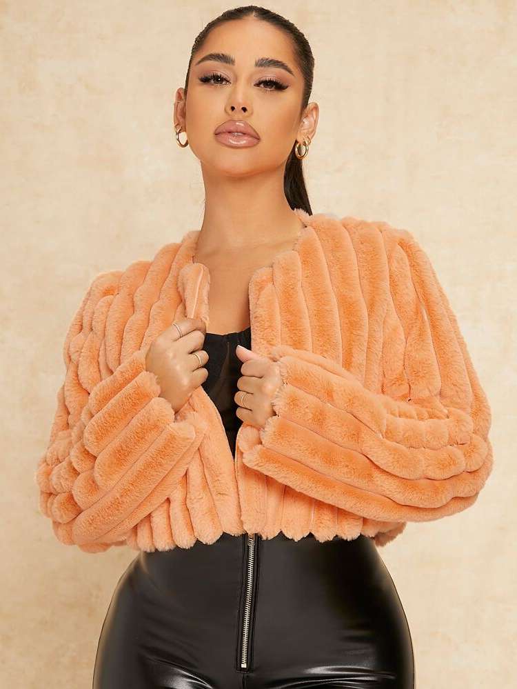 Orange Vacation Long Sleeve Crop Women Faux Fur Coats 7706