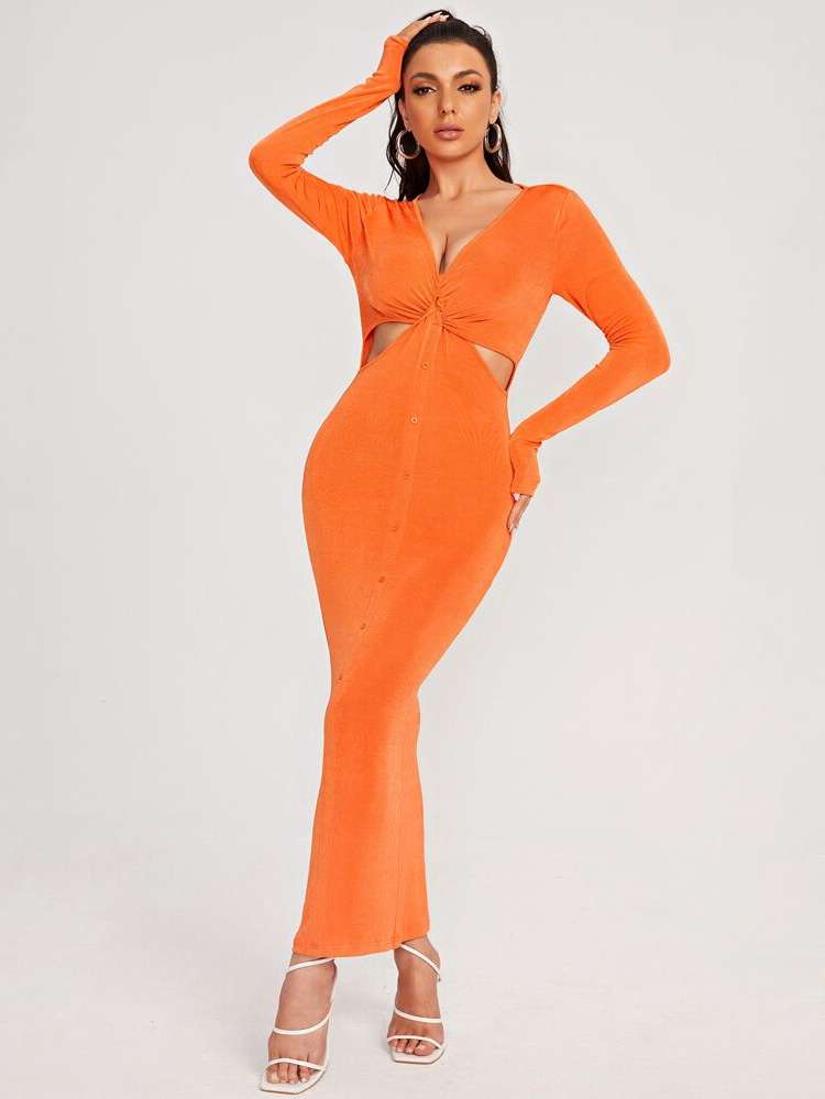 V neck Glamorous Cut Out Orange Women Dresses 425