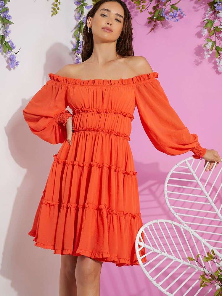 Short Off the Shoulder Orange Regular Fit Women Dresses 3476