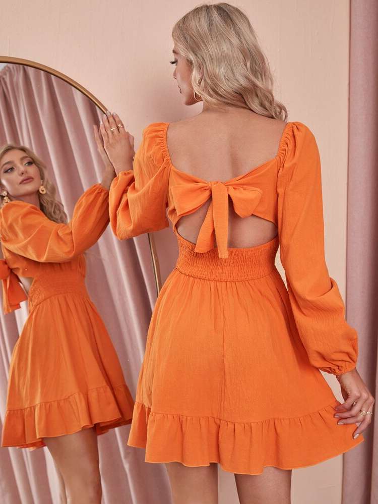 Boho Orange Square Neck Long Sleeve Women Dresses 2355