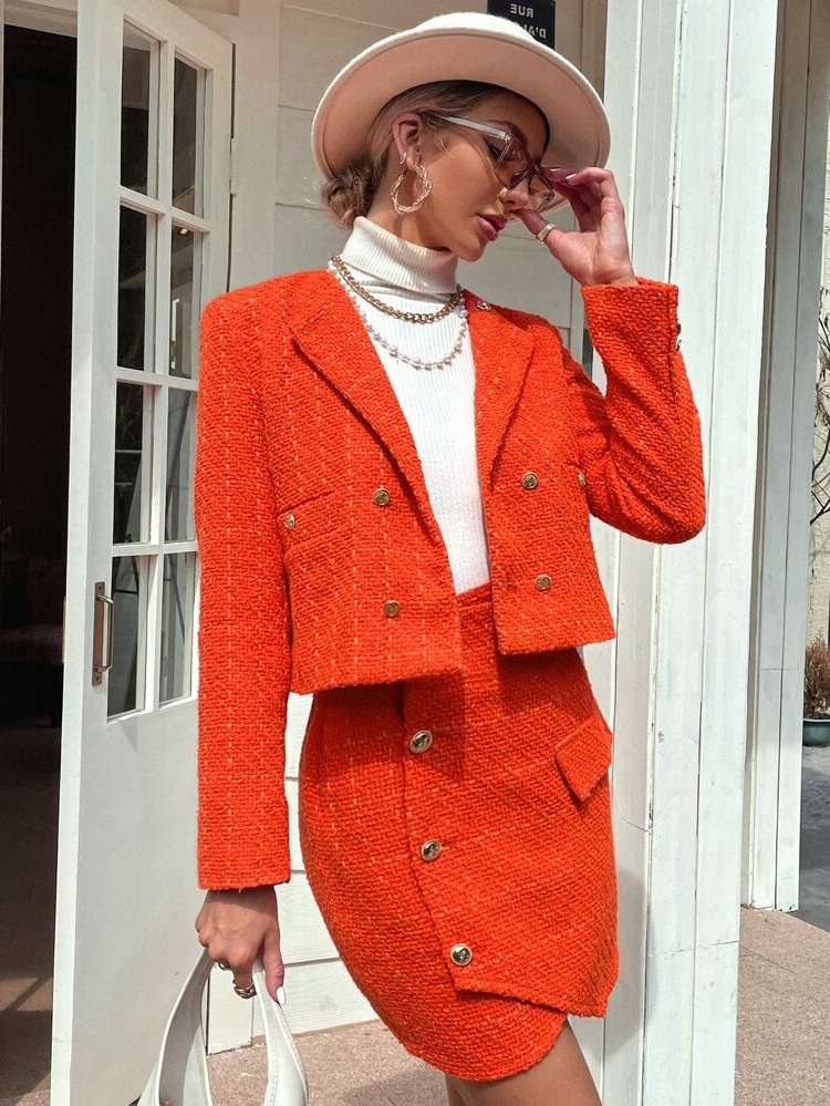 Double Button Orange Plain Regular Fit Women Overcoats 667