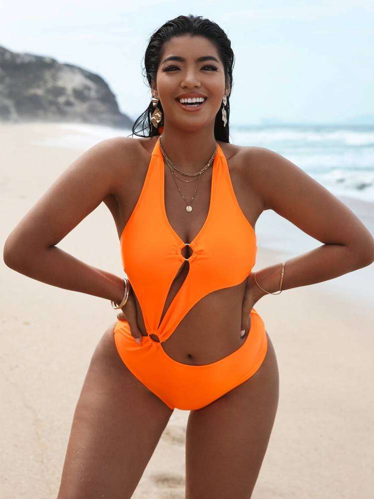 Cut Out Orange Plain Plus Size Swimwear 2354