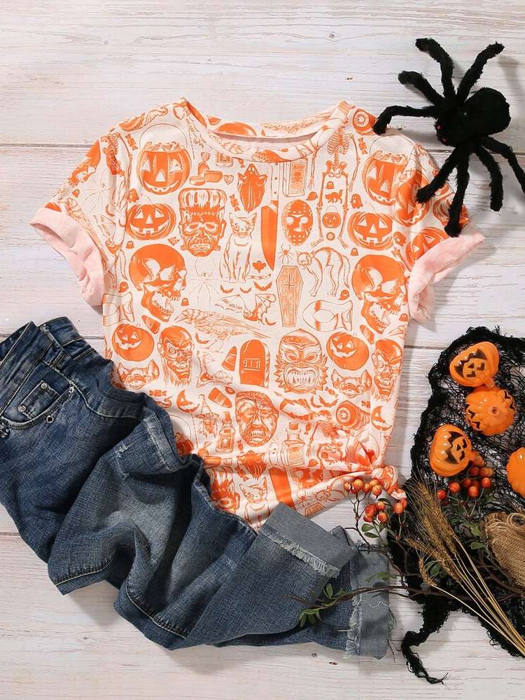  Halloween Regular Orange Plus Size T-shirts 6754