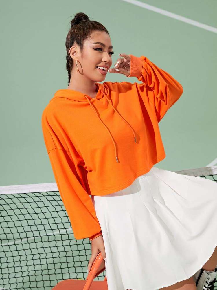 Drawstring Crop Orange Plain Plus Size Sweatshirts 2329