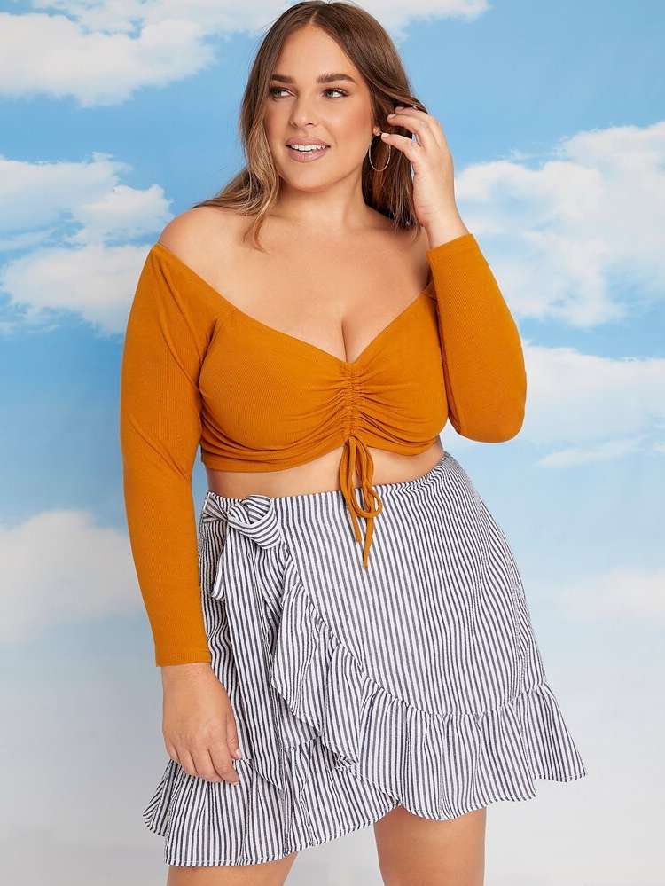 Slim Fit Drawstring Orange Plain Plus Size Tops 9563