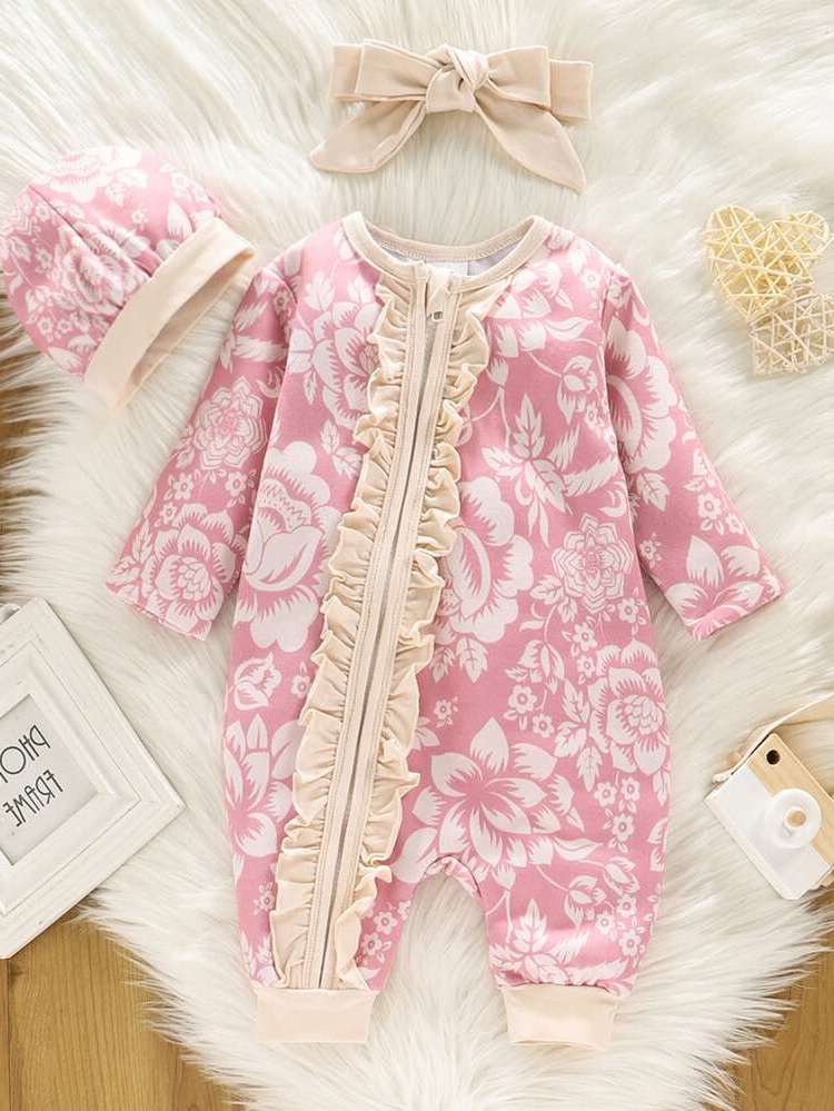 Pink Casual Round Neck Long Baby Jumpsuits 6961