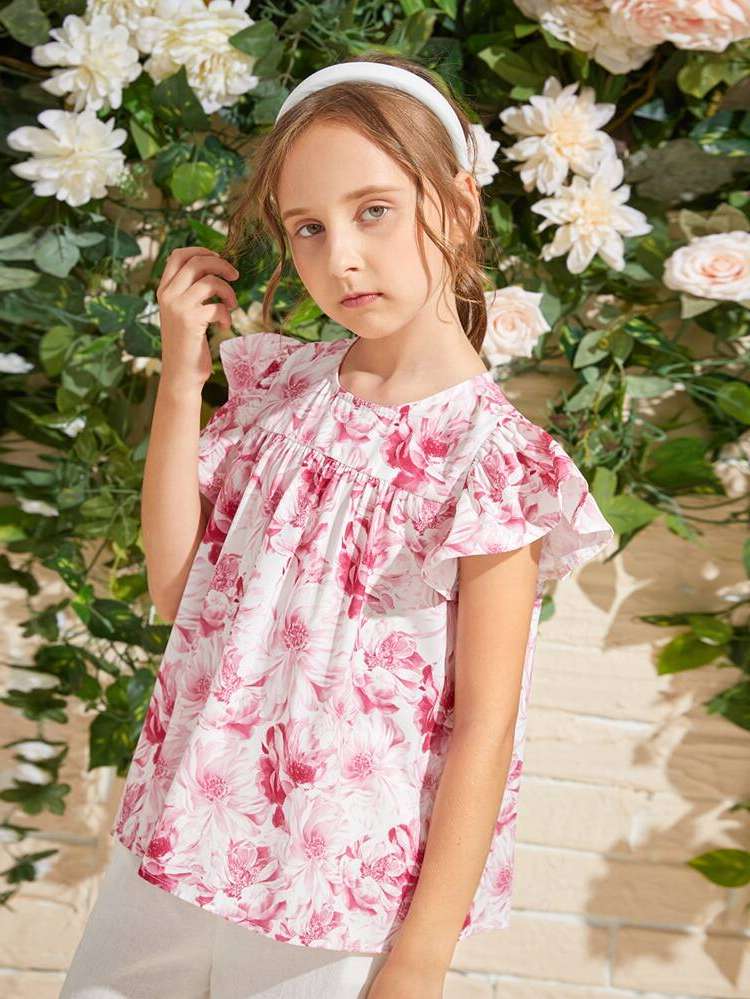 Pink Round Neck Ruffle Floral Girls Blouses 697