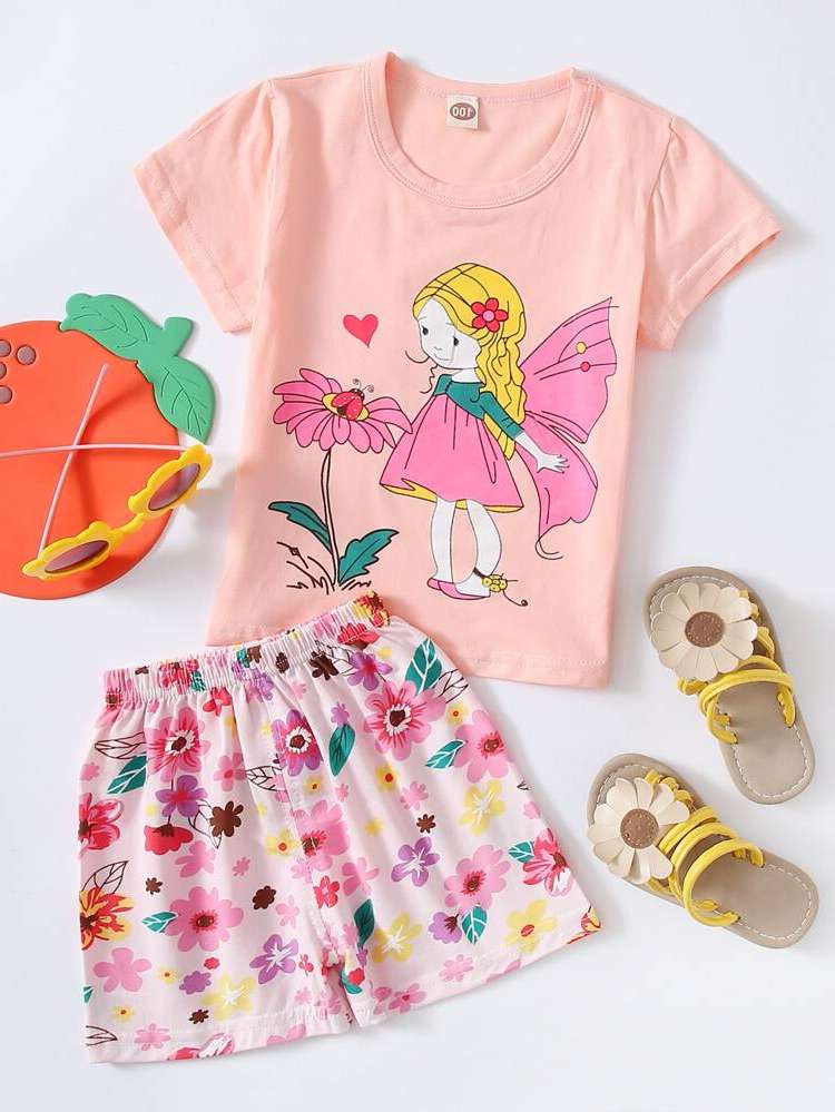 Floral Cute Regular Fit Toddler Girl Two-piece Outfits 2405