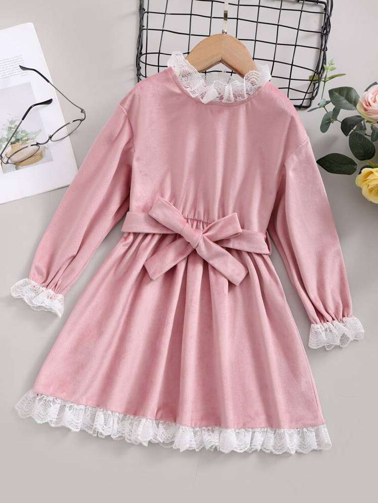 Stand Collar Short Pink Regular Fit Toddler Girl Dresses 634