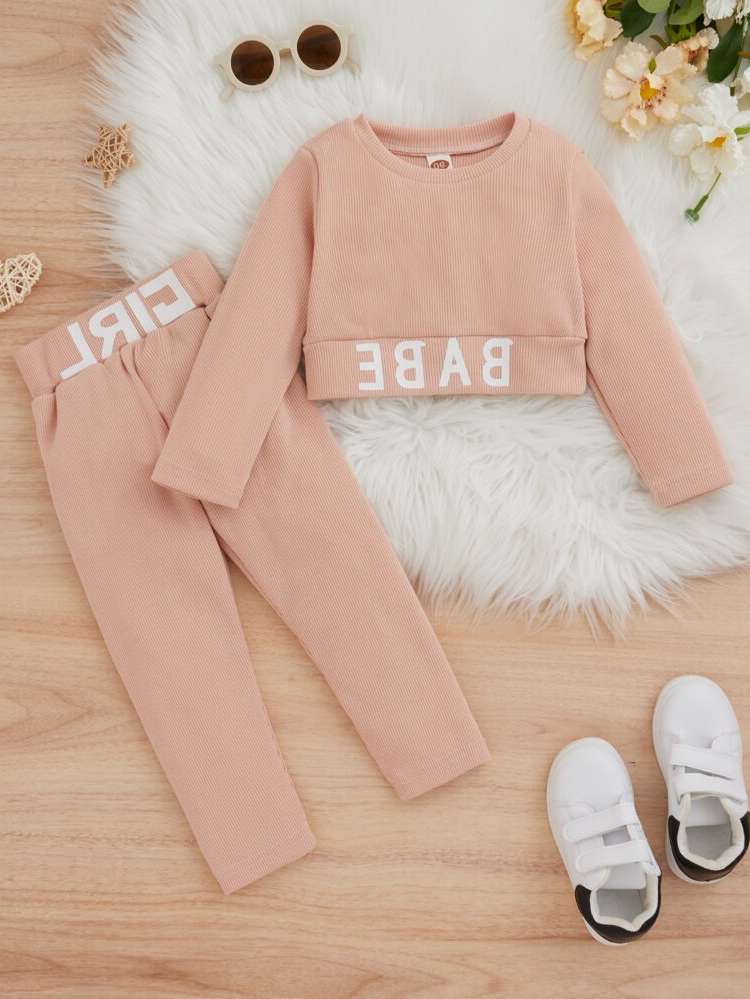  Letter Long Sleeve Round Neck Toddler Girl Two-piece Outfits 7986