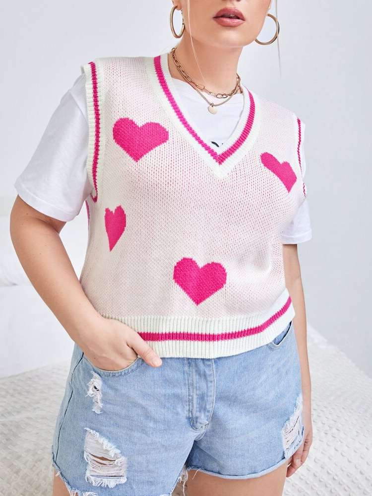 V neck Pink Heart Sleeveless Plus Size Knit Tops 3386