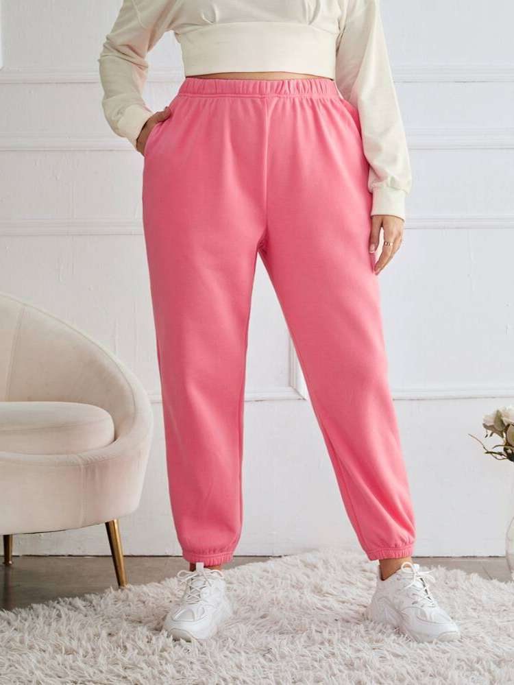 Long Pocket Plain Plus Size Sweatpants 8719