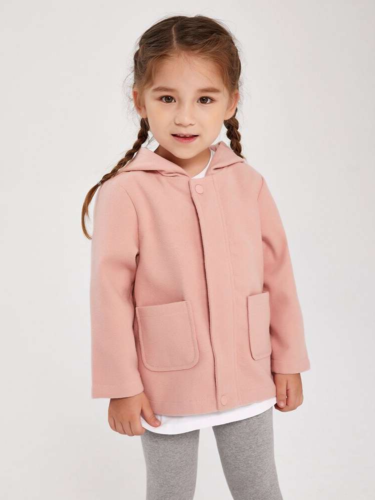 Regular Fit Plain Hooded Long Sleeve Toddler Girl Overcoats 6829