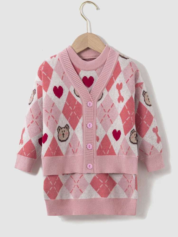  Long Sleeve Pink V neck Toddler Girl Sweater Co-ords 4320