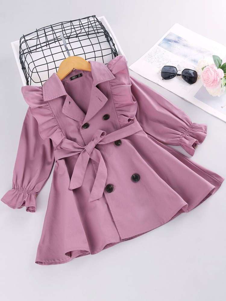 Plain Lapel Belted Cute Toddler Girl Trench Coats 881