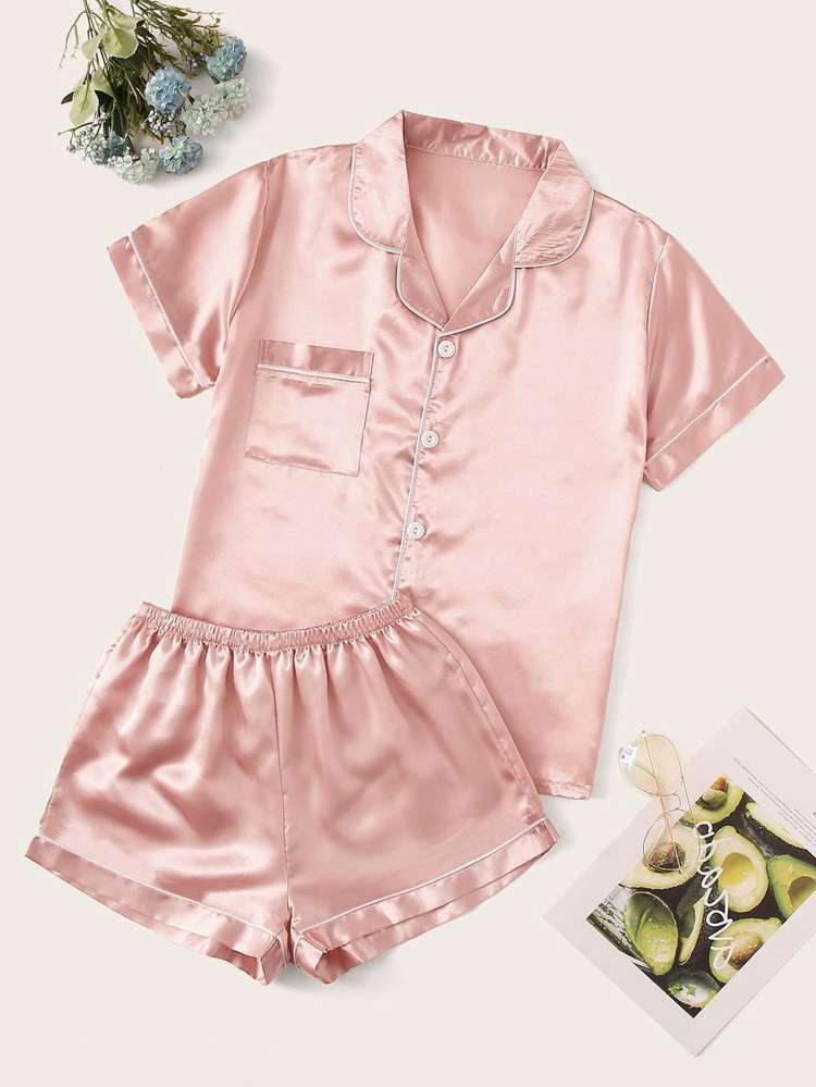 Short Sleeve Pink Button Plus Size Pajama Sets 918