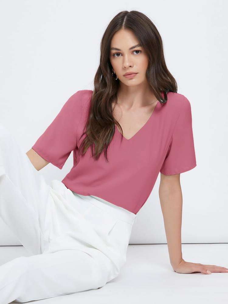  Regular V neck Plain Women Blouses 6965