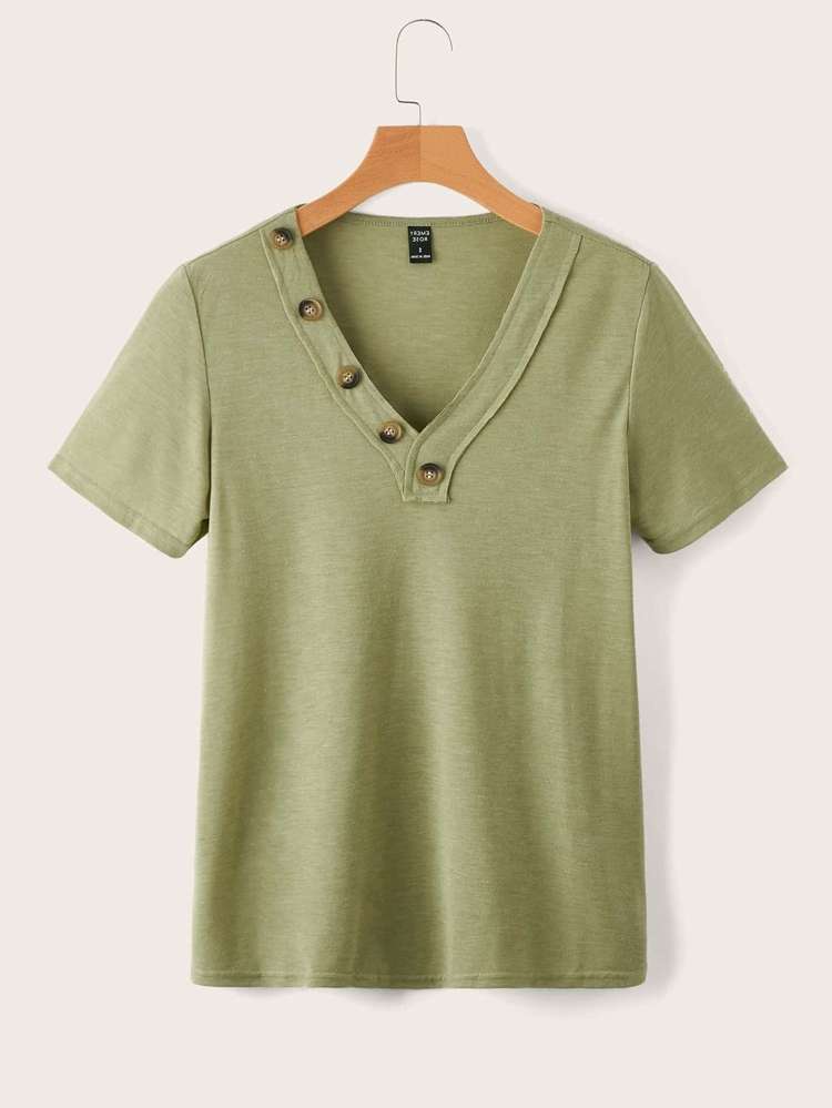 Regular V neck Plain Short Sleeve Women T-Shirts 8716