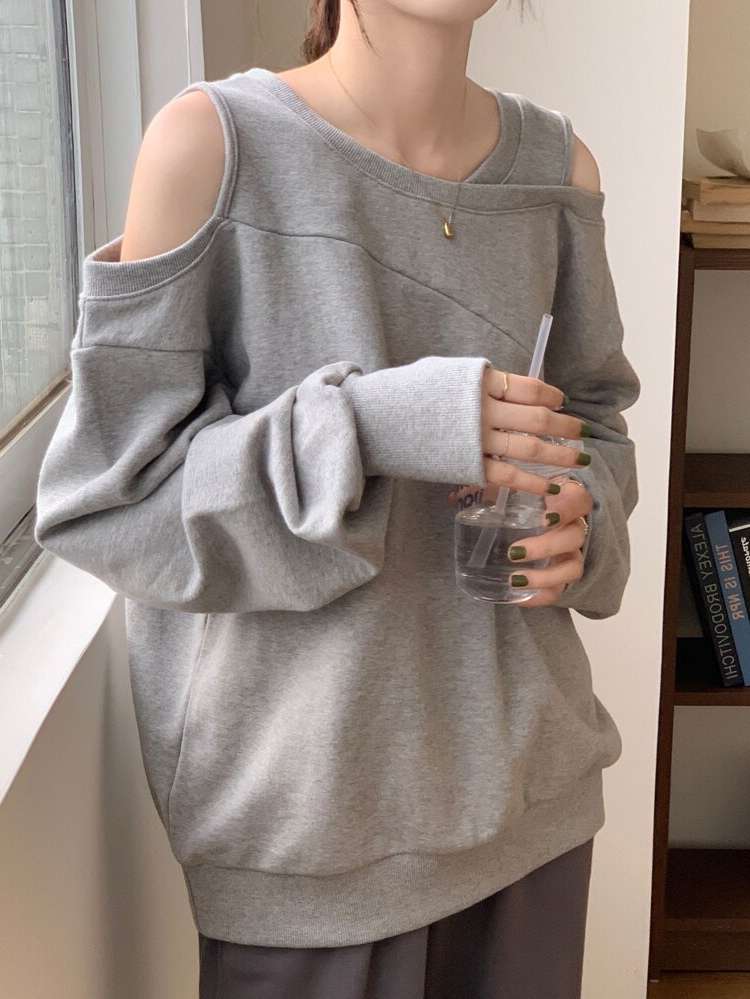 Oversized Long Sleeve Cold Shoulder Regular Women Clothing 5968