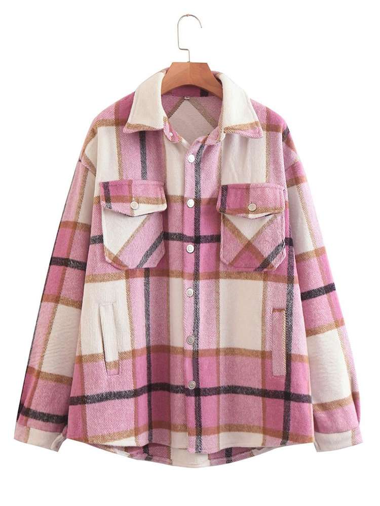  Long Sleeve Collar Plaid Women Overcoats 4883