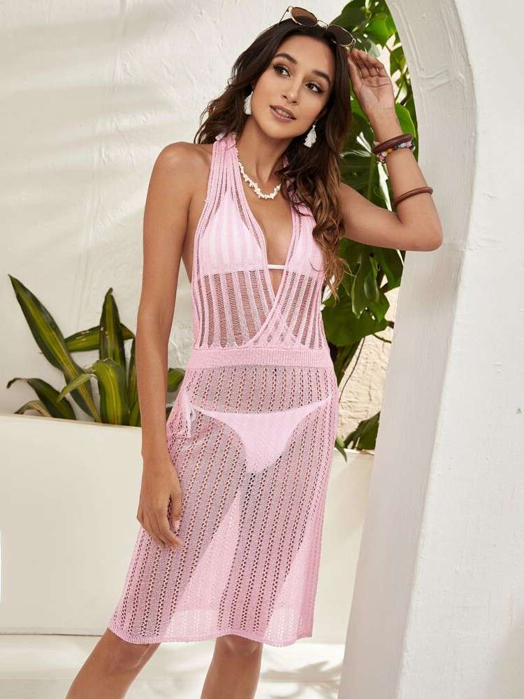  Pink Sleeveless Halter Women Beachwear 5864