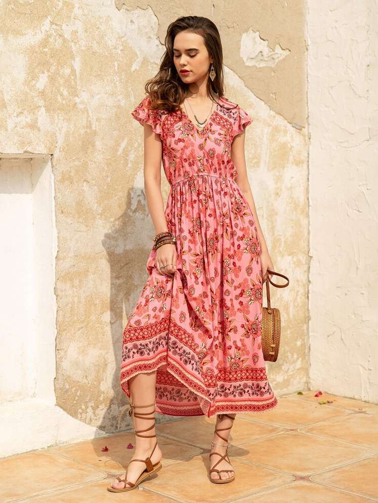 Ruffle Long Cap Sleeve Floral Women Dresses 838