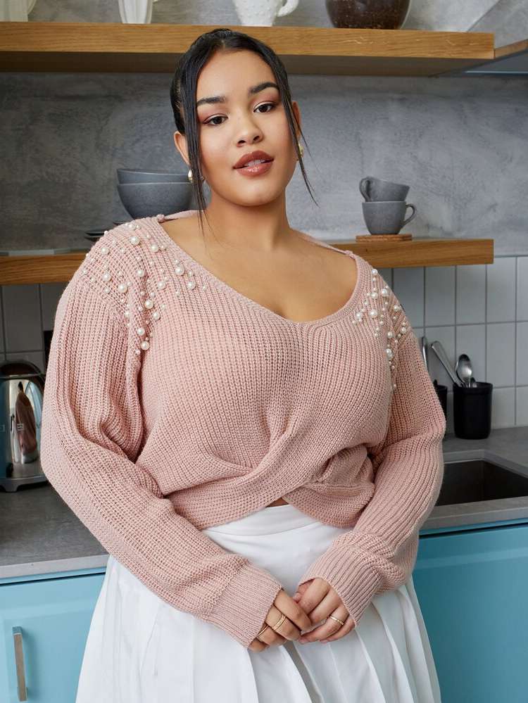 Cut Out Plain Regular Fit Pink Plus Size Knitwear 901