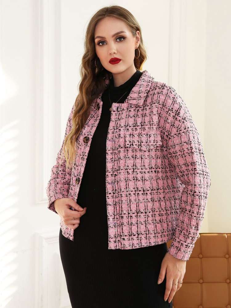 Collar Long Sleeve Plaid Plus Size Overcoats 1187