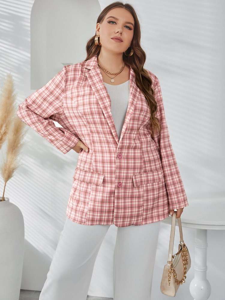  Pink Long Sleeve Plaid Women Plus Clothing 5322