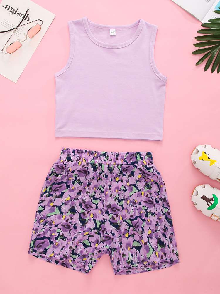 Sleeveless Purple Regular Fit Casual Girls Two-piece Outfits 9870