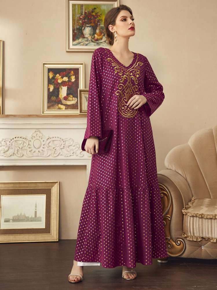  Embroidery V neck Long Sleeve Kaftan  Jalabiya 8676