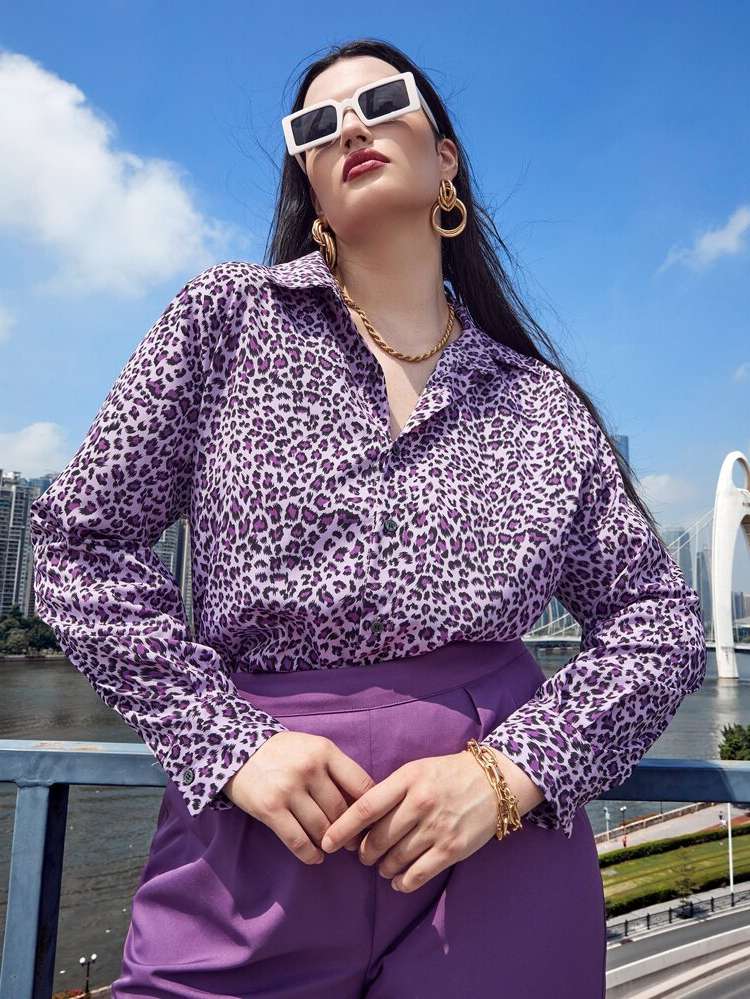  Casual Regular Fit Leopard Plus Size Blouses 7153