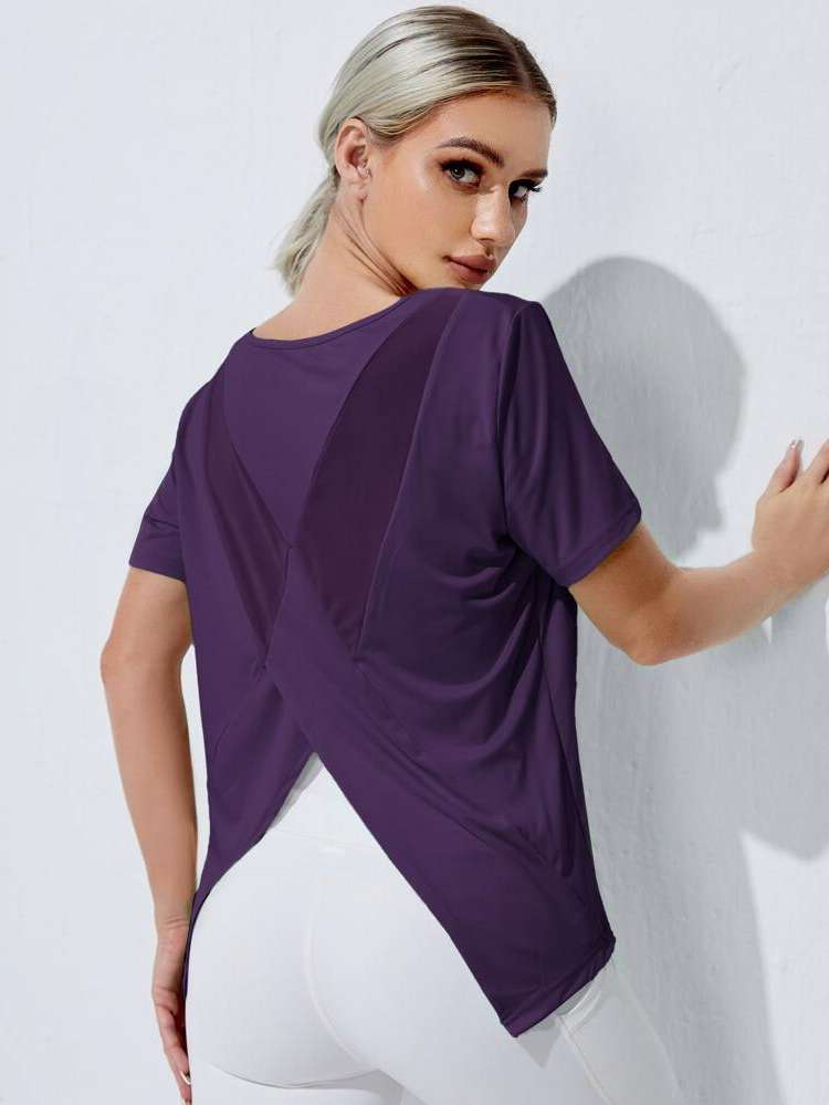 Plain Purple Regular Fit Contrast Mesh Women Activewear 4353