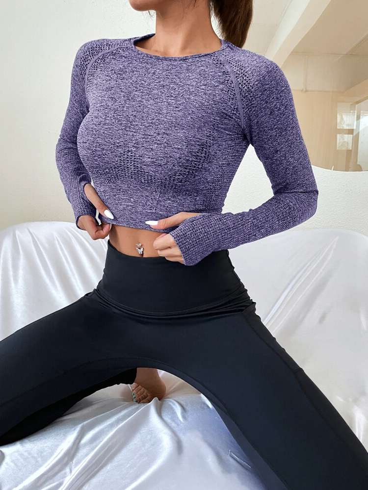 Plain Round Neck Purple Long Sleeve Women Active Tops 7255