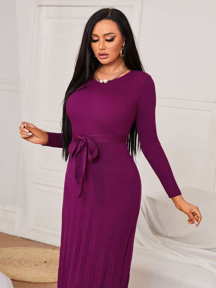 Plain Round Neck Purple Elegant Women Knitwear 99