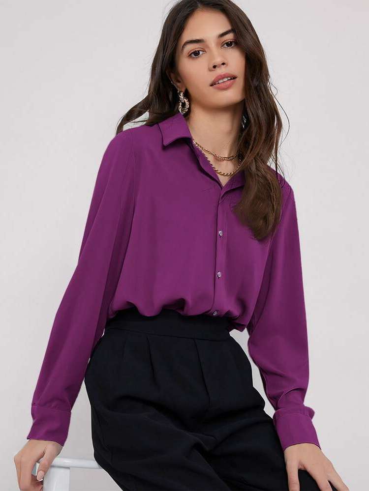 Regular Fit Plain Collar Purple Women Blouses 423