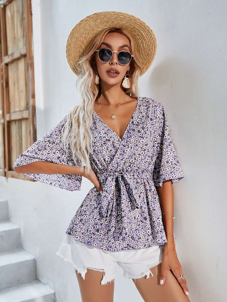 Half Sleeve V neck Regular Fit Women Blouses 8721