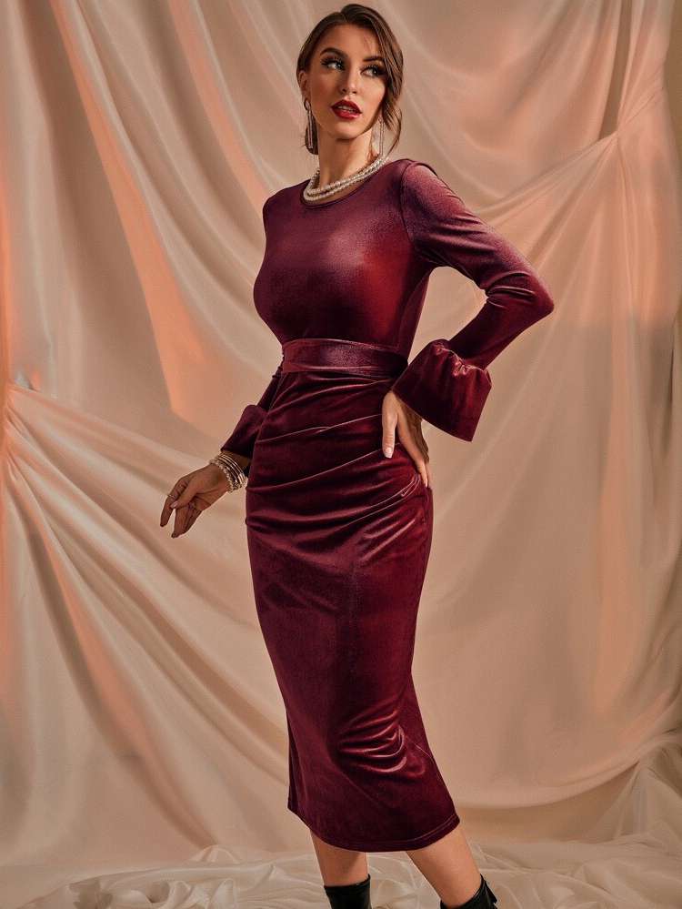 Slim Fit Round Neck Ruffle Purple Women Dresses 363