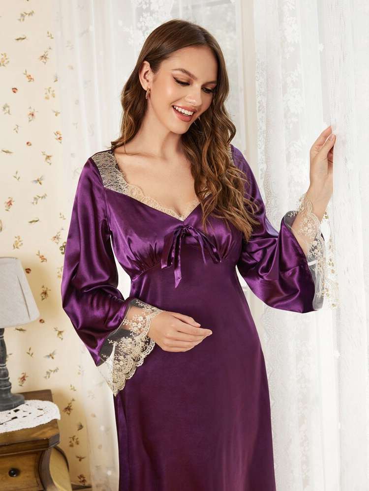  Contrast Lace Elegant Purple Women Nightgowns  Sleepshirts 7664