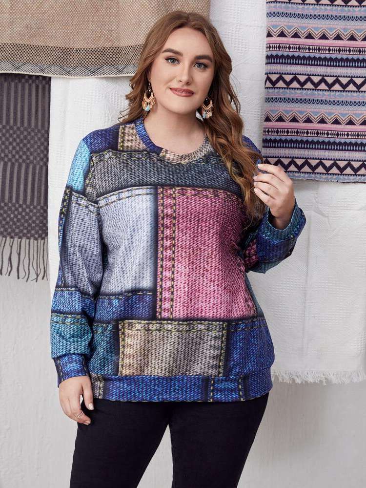 Purple Regular Casual Colorblock Plus Size Sweatshirts 227