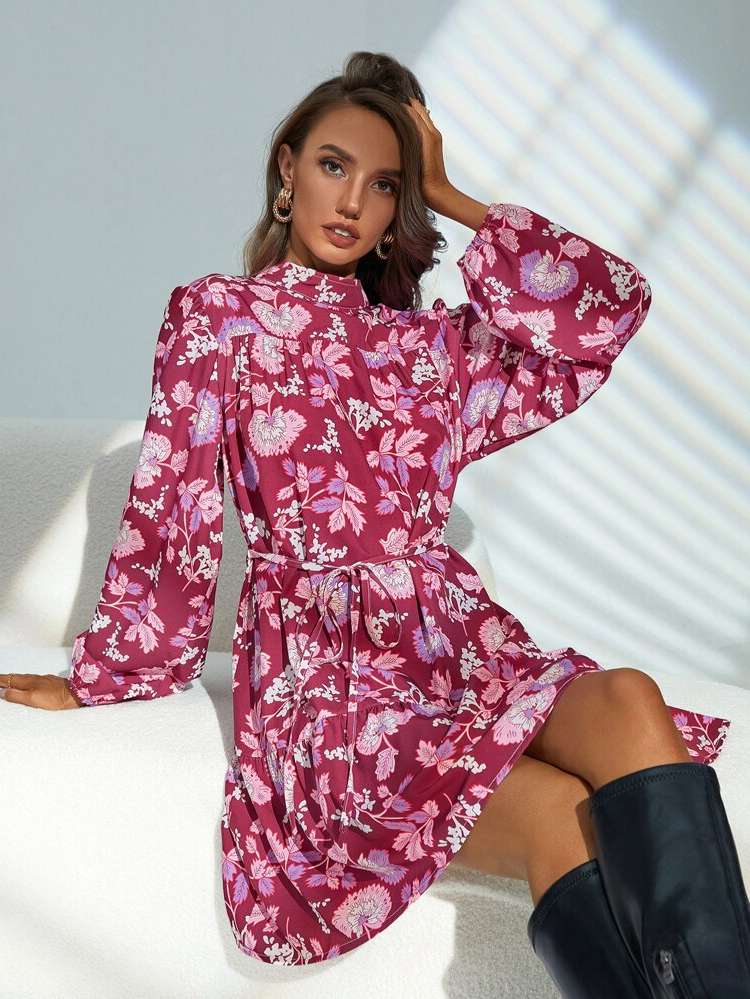 Floral Short Boho Ruffle Hem Women Dresses 805