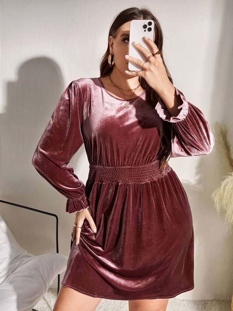 Shirred Regular Fit Short Red Violet Plus Size Dresses 4967