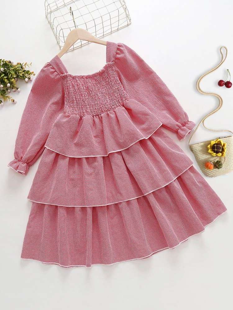 Cute Tiered Layer Red and White Square Neck Girls Clothing 51