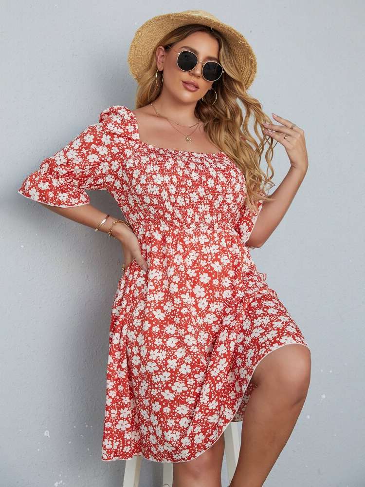  Half Sleeve Red and White Square Neck Plus Size Dresses 680