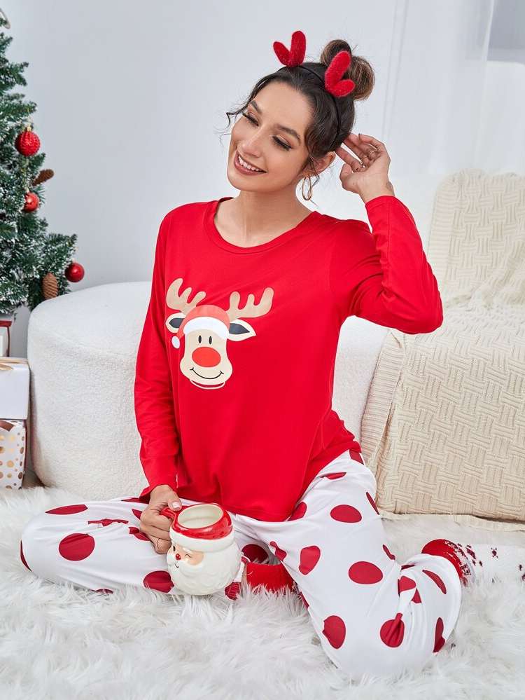 Red and White Long Sleeve Round Neck Women Sleepwear 646