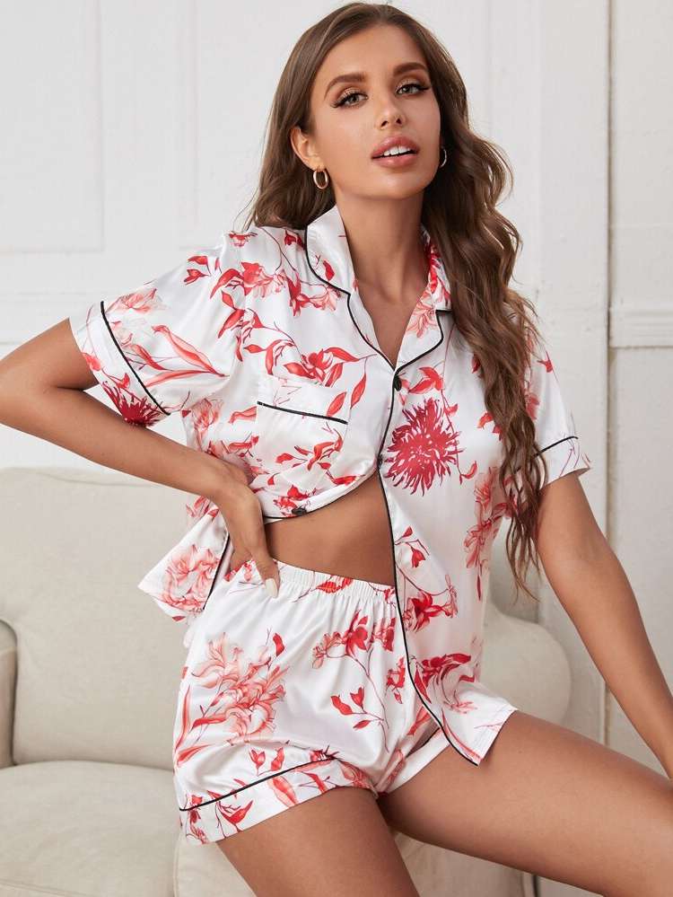 Floral Red and White Elegant Women Sleep  Lounge 9531