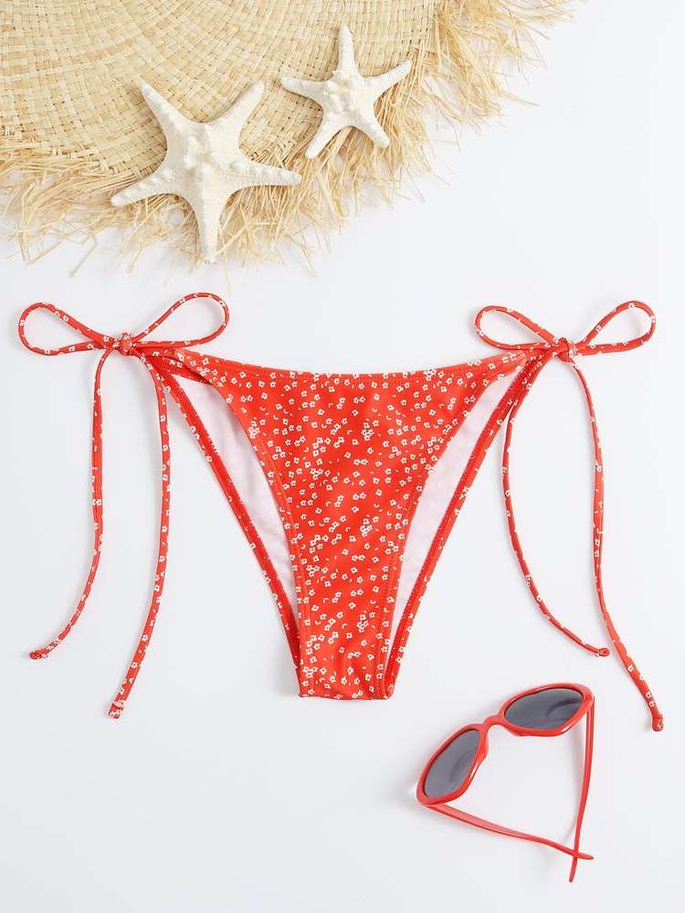 Red and White  Ditsy Floral Women Bikini Bottoms 81